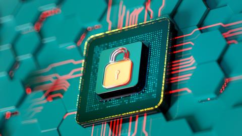 A green lock sign button on a green and red digital cpu. 