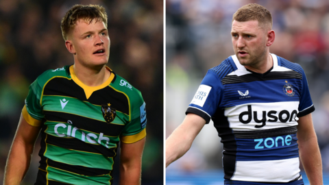 Fin Smith (left) and Finn Russell both standing on the pitch during a game