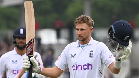 Joe Root celebrates his century and reaching 10,000 Test runs against New Zealand at Lord's