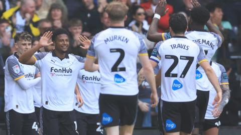 Derby County's Rhian Brewster (second left) celebrates scoring against Birmingham