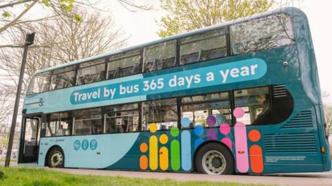 A turquoise double decker bus 