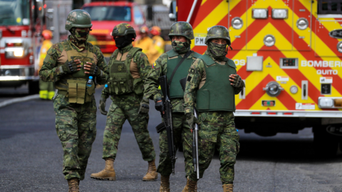 Soldiers cordon off the 'Virgilio Guerrero' Center for Adolescent Offenders after the fire that occurred in its facilities, in Quito, Ecuador, 31 August 2023.