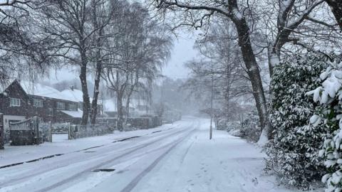 A snow-covered street in Sevenoaks, Kent