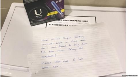 A picture of the note offering free tampons to airport travellers