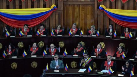 Venezuelan Attorney General, Tarek William Saab, Venezuelan President Nicolas Maduro, Venezuela's Supreme Court president Maikel Moreno and the president of the Constitutional Assembly Delcy Rodriguez attend a ceremony for the opening of the judicial year at the Supreme Court in Caracas, on February 14, 2018.