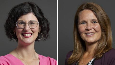 A composite of two official Parliamentary portraits of Layla Moran and Vikki Slade. Moran has jaw-length curly black hair, hoop earrings, silver-rimmed glasses and a pink top. Slade has shoulder length light brown hair, a black and white top and a purple jacket.