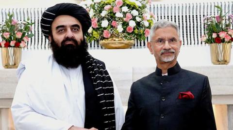 Afghan Taliban Foreign Minister Amir Khan Muttaqi with Indian counterpart S Jaishankar