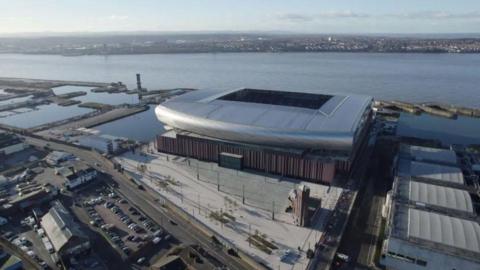 An aerial view of Everton's new Bramley-Moore Dock stadium, next to the River Mersey.