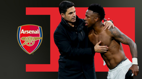 A graphic of Mikel Arteta and Vinicius Junior embracing, in front of a red and black background and the Arsenal club badge