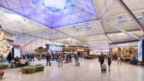 A CGI image how the departures lounge at Stansted could look. It is a large, open-plan room underneath a white roof. There are various shops and a departures board. Passengers are walking through with their suitcases.