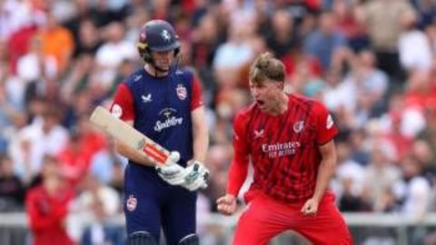 Zak Crawley (left) is out as Jack Blatherwick celebrates