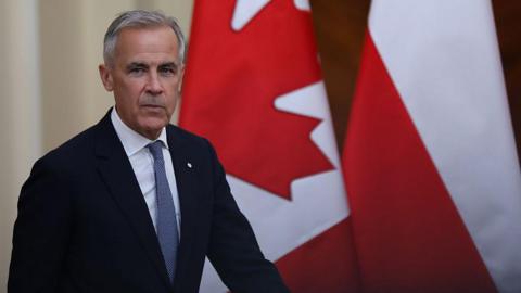 Prime Minister Mark Carney, in a dark suit, white shirt, and patterned blue tie, walks passed two Canadian flags hanging in the background of a room.