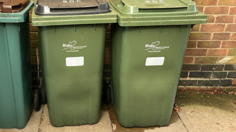 Three green wheelie bins. One has a brown lid, another has a black lid and a third has a green lid.