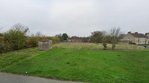 A grassy strip of land with two small trees and bushes on it. Some houses are visible in the far right of the picture.