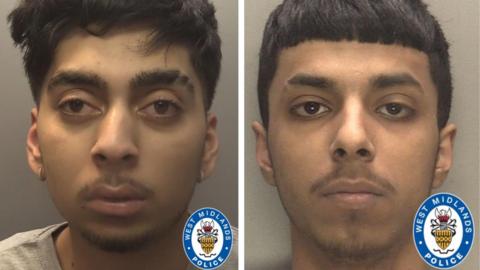 Jassdeep Singh and Faisal Hussain police mugshots. They both have short dark hair and faint moustaches. Singh is wearing gold hoops in his ears. 