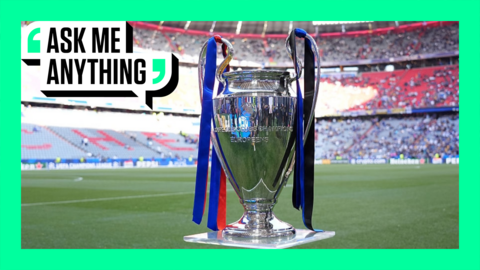 The Champions League trophy with an Ask Me Anything border around it