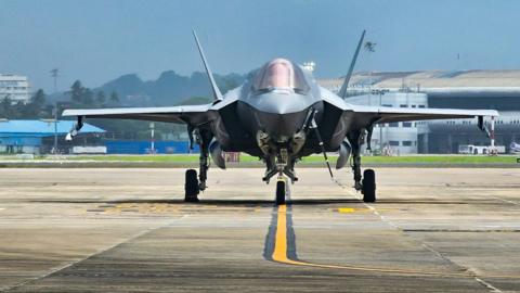 The F-35B at Thiruvananthapuram airport in the southern state of Kerala 
