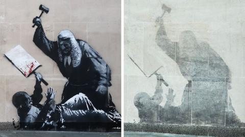 A composite image shows the mural of a judge attacking a protestor with a gavel,before it was scrubbed off, on the left, and on the right a shadow-like outline of the mural after it had been scrubbed off the wall on Thursday.