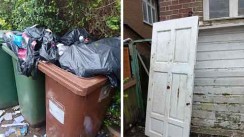 Green and brown bins are overfilled with waste bags and rubbish is scattered on the ground. Another photo shots a white dirty door off its hinges and placed outside the home.