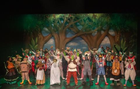 A photo showing actors in costumers with their arms up in the air after a performance on stage