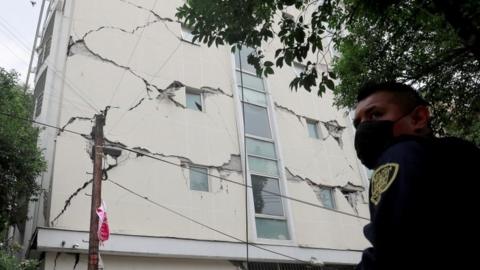 A damaged building is seen after an earthquake in Mexico City