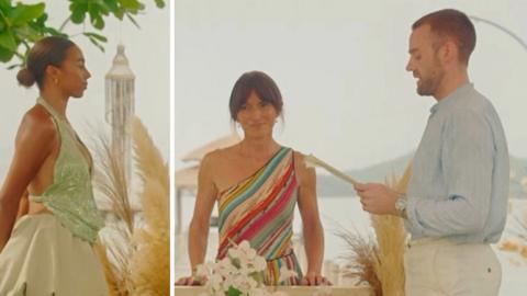 Hannah, Davina and Sam stand on a tropical beach front