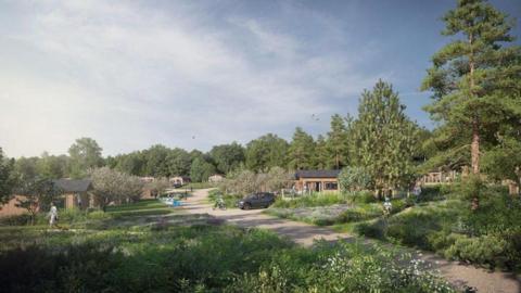 A computer-generated image of a holiday park set among trees in the countryside. A number of wooden lodges can be seen either side of a narrow pathway. People are walking around and a car is parked on the right.