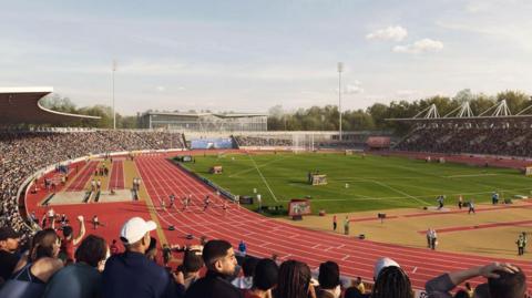 Computer generated imagary of a red running track, lined with spectators. There are small figures running and a green patch of grass in the middle where other sports might be played.
