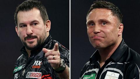 Jonny Clayton and Gerwyn Price react during games