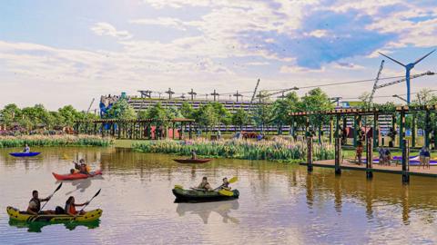 Artist impression of the development showing five boats on a lake, a decking area and large building in the background mostly hidden by trees