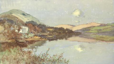 Watercolour painting showing a hydro-electric power station and also a rowing boat on a loch with hills in the background