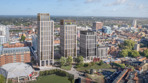 A CGI image of the four-storey units over Reading, with the rest of the town centre to the right.