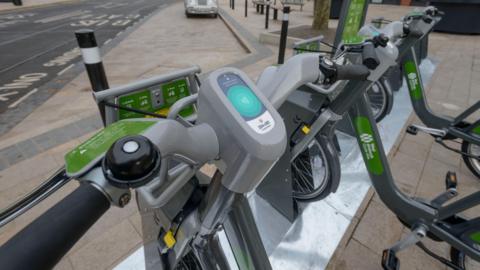 A bike hire rack in a town centre