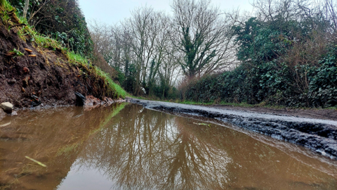 A large, rain-filled rut by the side of a road, with a bank on the left and trees on the right