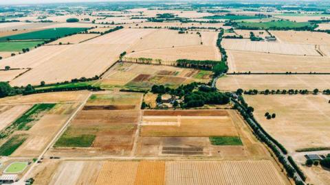 An aerial view of fields in the UK during a drought.