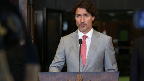 Canada's Prime Minister Justin Trudeau speaks during a news conference on Parliament Hill August 18, 2020 in Ottawa, Canada