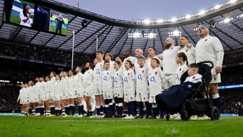 England line up for anthems at Twickenham