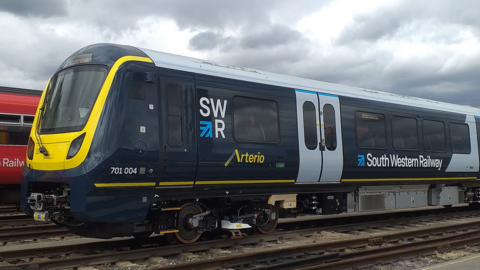 Exterior shot of an Arterio train with South Western Railway branding