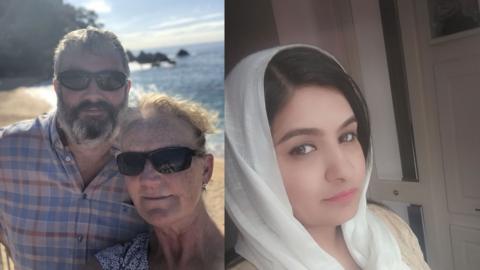 A couple on the left and a woman on the right.
