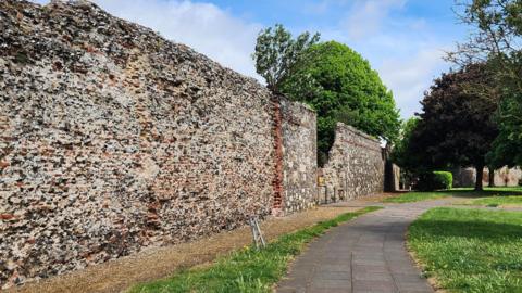 A medieval wall in Great Yarmouth. It is several metres high. A footpath curves through a grassy area in front of the stone wall. There are trees on either side of the wall.