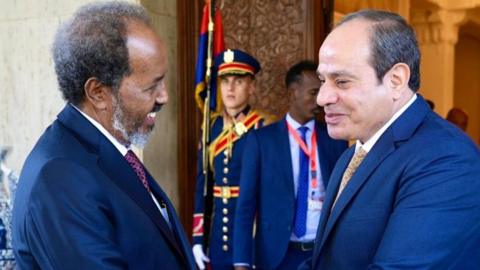 Egyptian President Abdel Fattah el-Sisi (R) welcomes the Somalian President Hassan Sheikh Mohamud (L) during an official ceremony in Cairo, Egypt on January 21, 2024