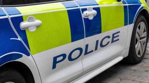 A close-up of the side of a marked police car.