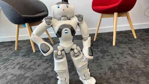 Nao, a boy-like white plastic robot with blue glowing eyes, strikes a pose for the camera