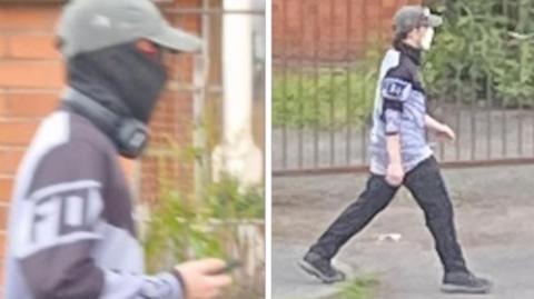 Pictures released by police show a man wearing a grey and black top with a logo on the sleeve. In the left-hand image, which is a close-up, the man is wearing a black face covering and a baseball cap. In the right-hand image, he is seen from further away and is wearing a white face covering.