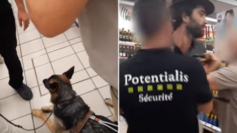 A composite image shows a guide dog in harness sitting on the floor, left, and a man being forcibly moved by security, right, both inside a supermarket