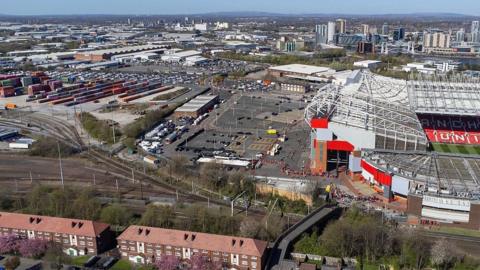 An aerial view of Manchester United's Old Trafford stadium and the surrounding area