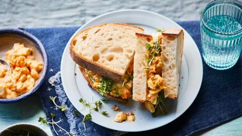A sandwich cut in half on a white plate.