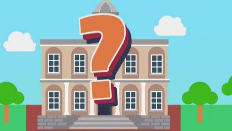 a town hall with a question mark over it