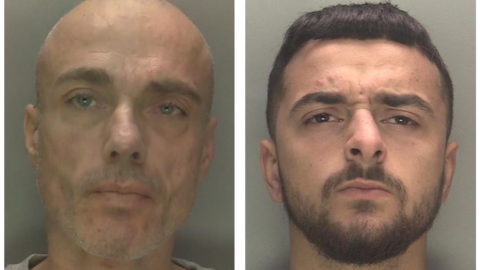Dale has a shaved head and close cropped stubble/beard. Phythian has short dark hair and a beard. He is slightly grimacing at the camera in his police mugshot.
