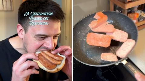 A man tucks into spam.